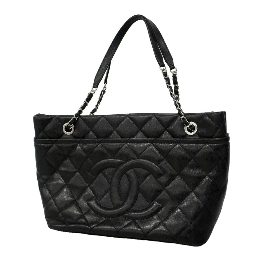 Chanel Tote Bag/Chain Tote, Matelassé Caviar Leather, Black, Women's